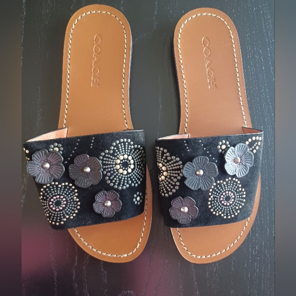 Coach Tea Rose Suede Black Sandals  Size 8